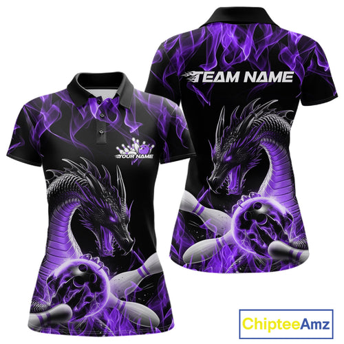 Custom Black And Purple Fire Flame Dragon Bowling Women Polo Shirt, Dragon Bowling Jersey IPHW9823