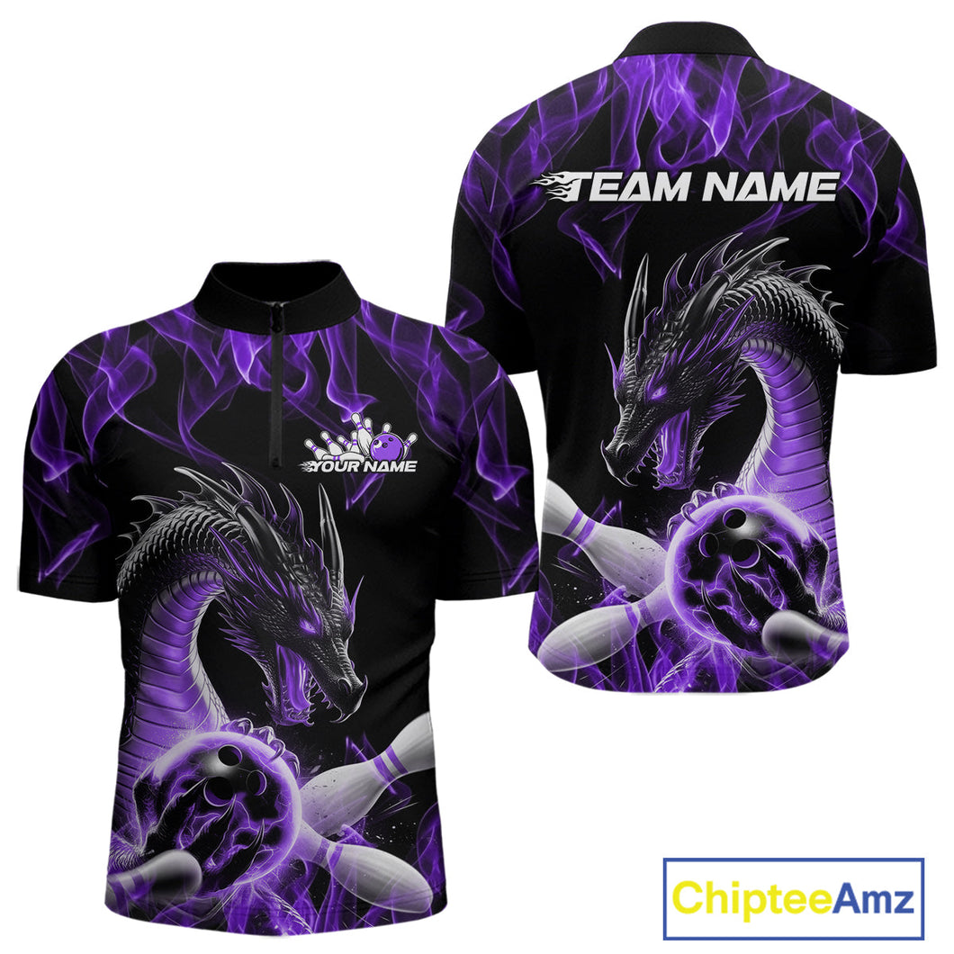 Custom Black And Purple Fire Flame Dragon Bowling Men Quarter-Zip Shirt, Dragon Bowling Jersey IPHW9823