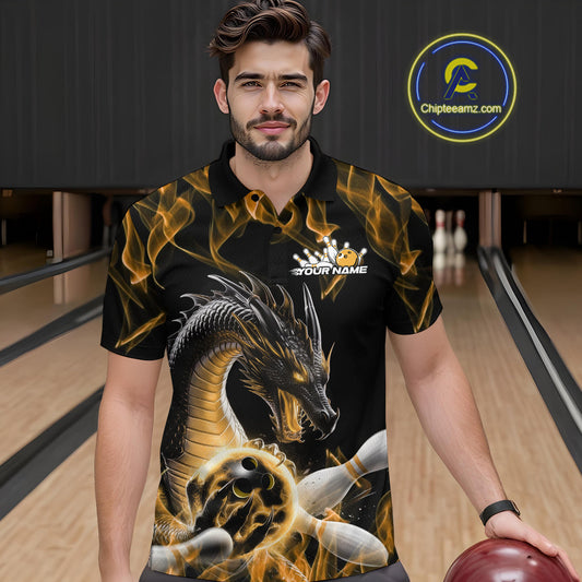 Custom Black And Gold Fire Flame Dragon Bowling Polo Shirt For Men, Dragon Bowling Jersey IPHW9824