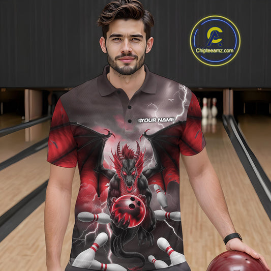 Custom Red Thunder Lightning Dragon Bowling Polo Shirts For Men, Team Uniform IPHW9103