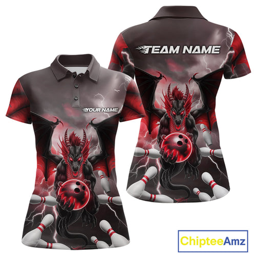 Custom Red Thunder Lightning Dragon Bowling Polo Shirts For Women, Team Uniform IPHW9103