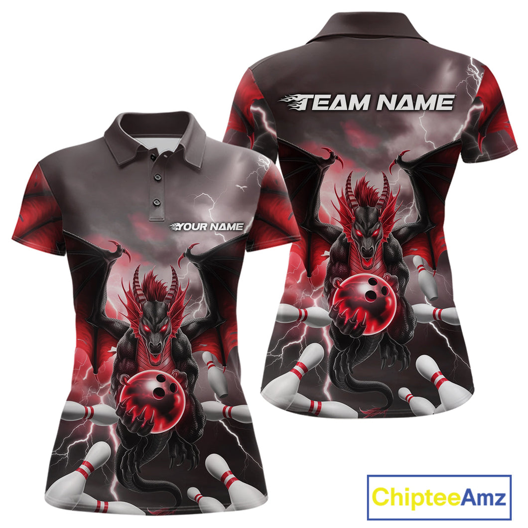 Custom Red Thunder Lightning Dragon Bowling Polo Shirts For Women, Team Uniform IPHW9103