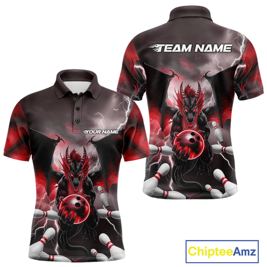 Custom Red Thunder Lightning Dragon Bowling Polo Shirts For Men, Team Uniform IPHW9103