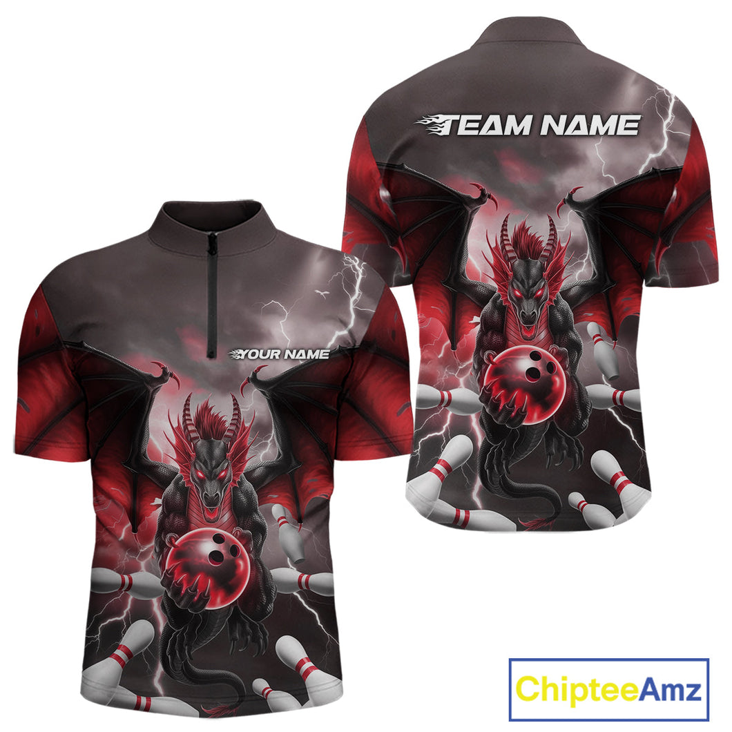 Custom Red Thunder Lightning Dragon Bowling Quarter-Zip Shirts For Men, Team Uniform IPHW9103