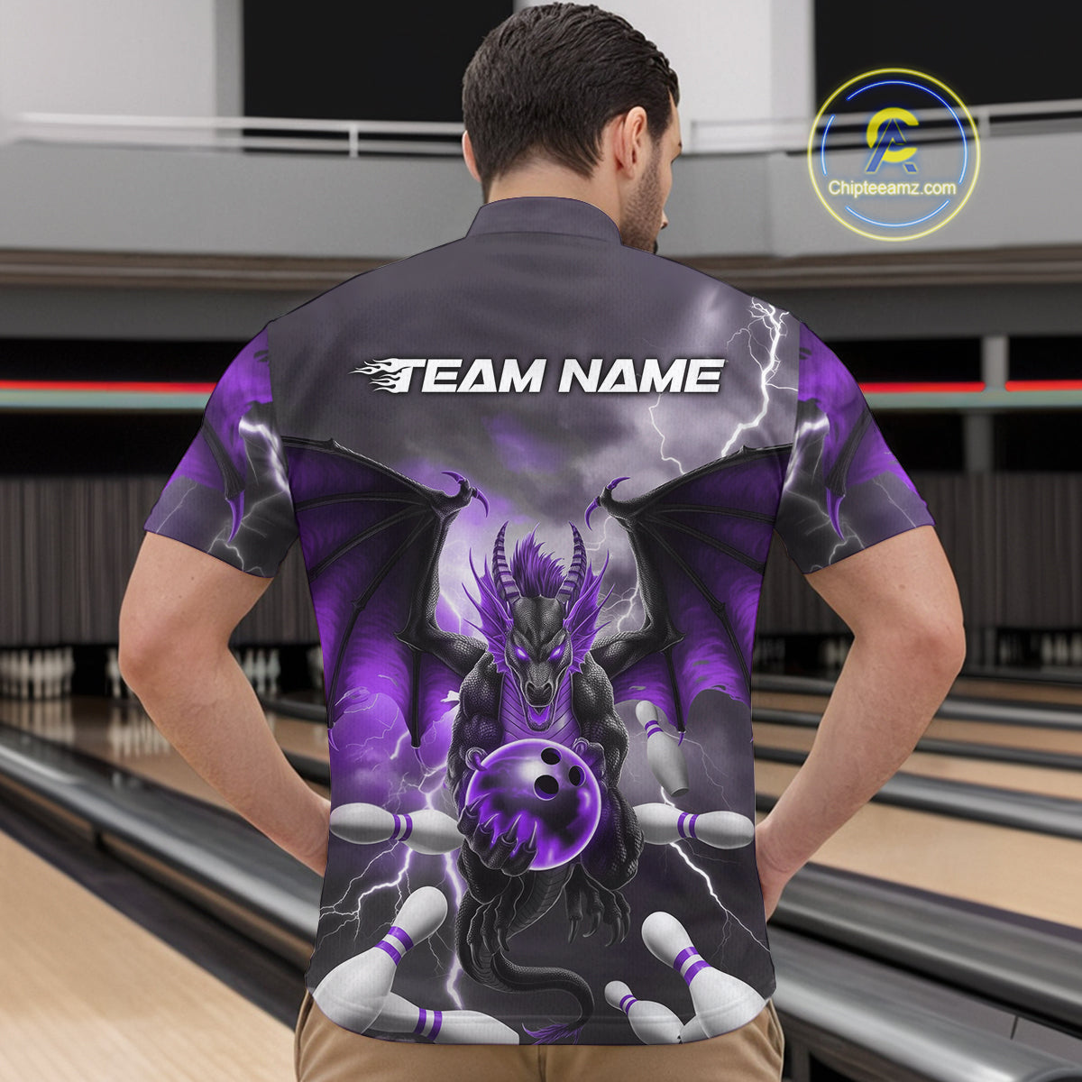 Custom Purple Thunder Lightning Dragon Bowling Quarter-Zip Shirts For Men, Team Uniform IPHW9104