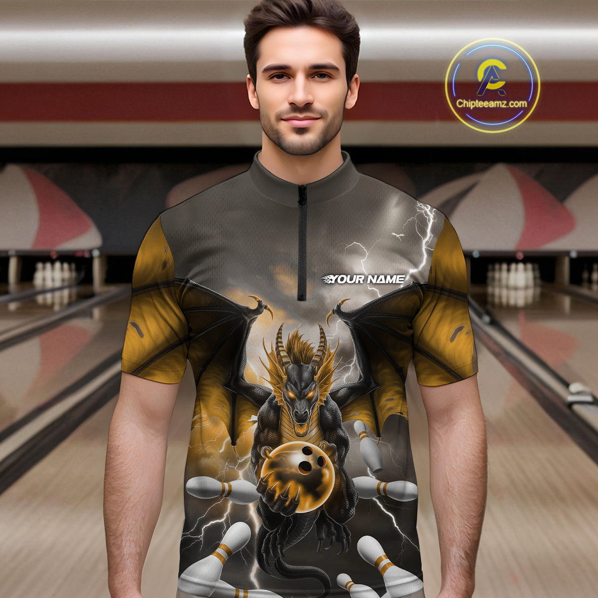 Custom Yellow Thunder Lightning Dragon Bowling Quarter-Zip Shirts For Men, Team Uniform IPHW9105