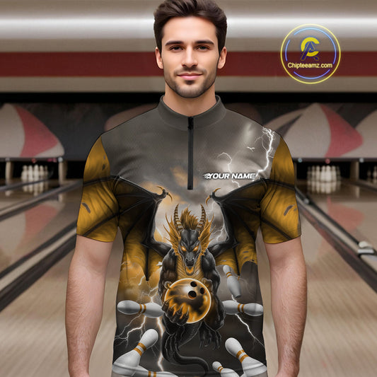 Custom Yellow Thunder Lightning Dragon Bowling Quarter-Zip Shirts For Men, Team Uniform IPHW9105