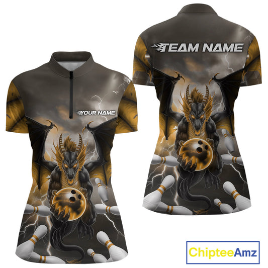 Custom Yellow Thunder Lightning Dragon Bowling Women Quarter-Zip Shirts, Team Uniform IPHW9105