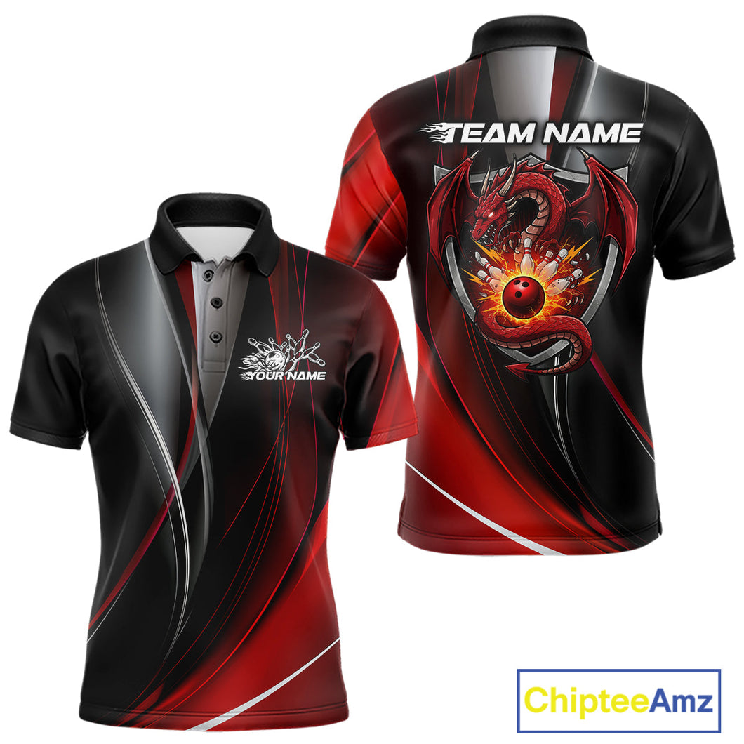 Custom Black And Red Dragon Bowling Polo Shirts For Men, Dragon Bowling Jersey IPHW9342