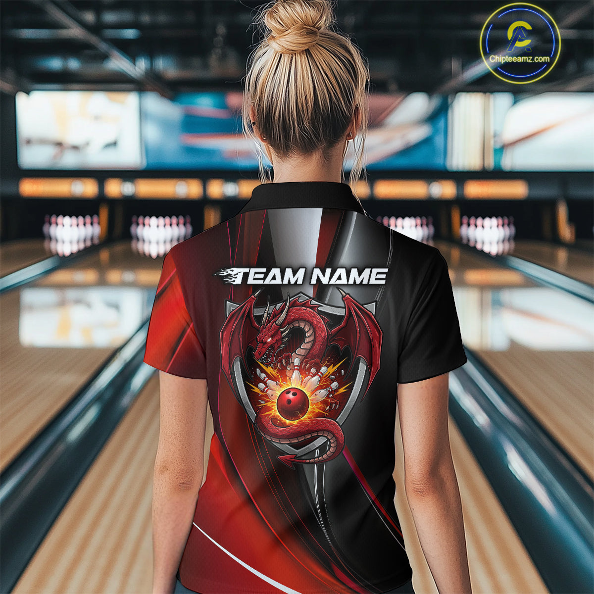 Custom Black And Red Dragon Bowling Quarter-Zip Shirts For Women, Dragon Bowling Jersey IPHW9342