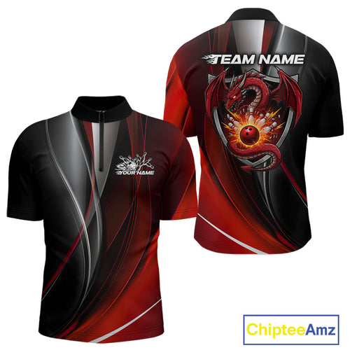 Custom Black And Red Dragon Bowling Quarter-Zip Shirts For Men, Dragon Bowling Jersey IPHW9342