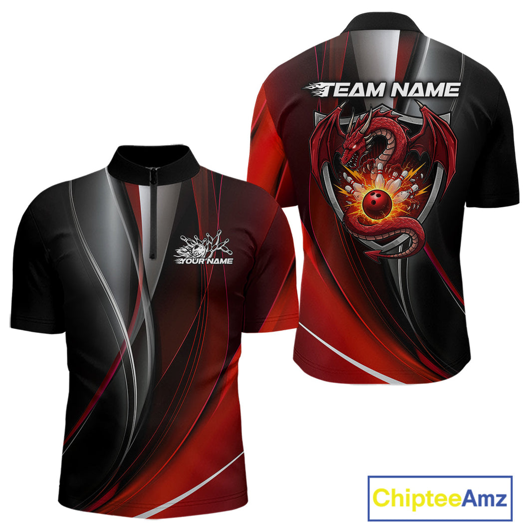 Custom Black And Red Dragon Bowling Quarter-Zip Shirts For Men, Dragon Bowling Jersey IPHW9342