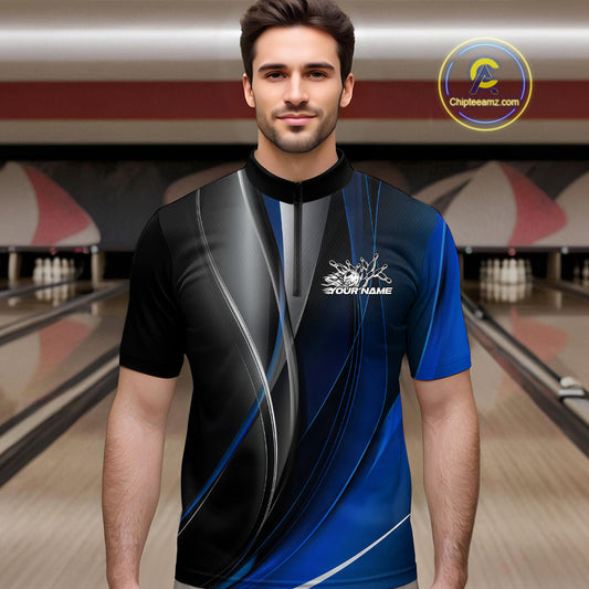 Custom Black And Blue Dragon Bowling Quarter-Zip Shirts For Men, Dragon Bowling Jersey IPHW9343