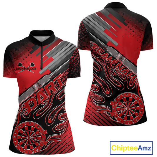 Custom Black And Red Flame Dartboard Dart Quarter-Zip Shirts For Women, Dart Team Uniform IPHW9684