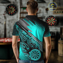 Load image into Gallery viewer, Custom Black And Turquoise Blue Flame Dartboard Dart Polo Shirts For Men, Dart Uniform IPHW9685