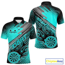 Load image into Gallery viewer, Custom Black And Turquoise Blue Flame Dartboard Dart Polo Shirts For Men, Dart Uniform IPHW9685