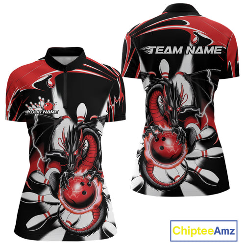 Custom Black And Red Dragon Bowling Women Quarter-Zip Shirts, Dragon Bowling Team Jerseys IPHW9108