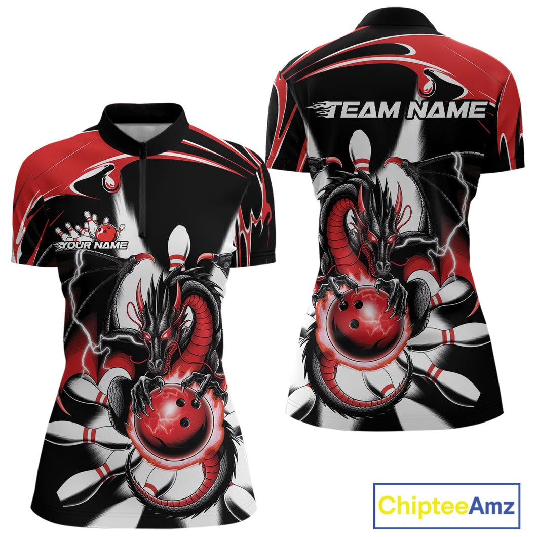 Custom Black And Red Dragon Bowling Women Quarter-Zip Shirts, Dragon Bowling Team Jerseys IPHW9108