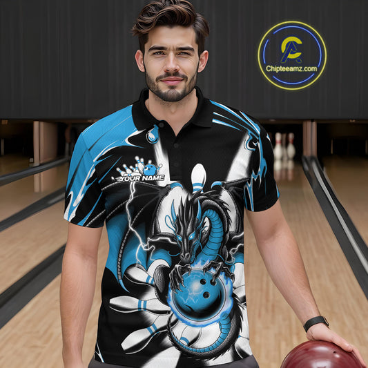 Custom Black And Blue Dragon Bowling Men Polo Shirts, Dragon Bowling Team Jerseys IPHW9109