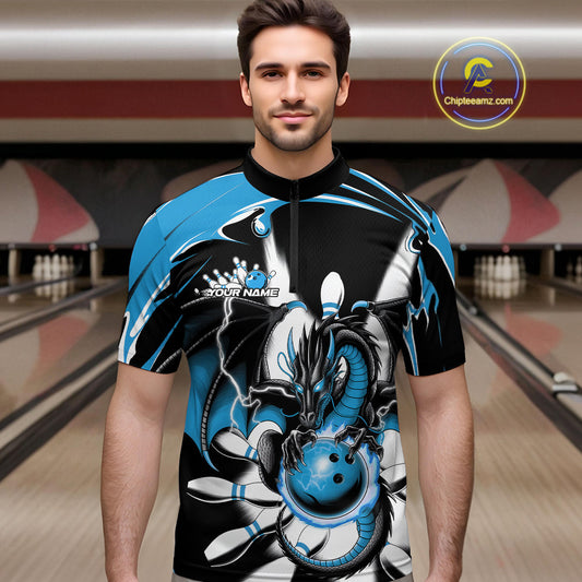 Custom Black And Blue Dragon Bowling Men Quarter-Zip Shirts, Dragon Bowling Team Jerseys IPHW9109