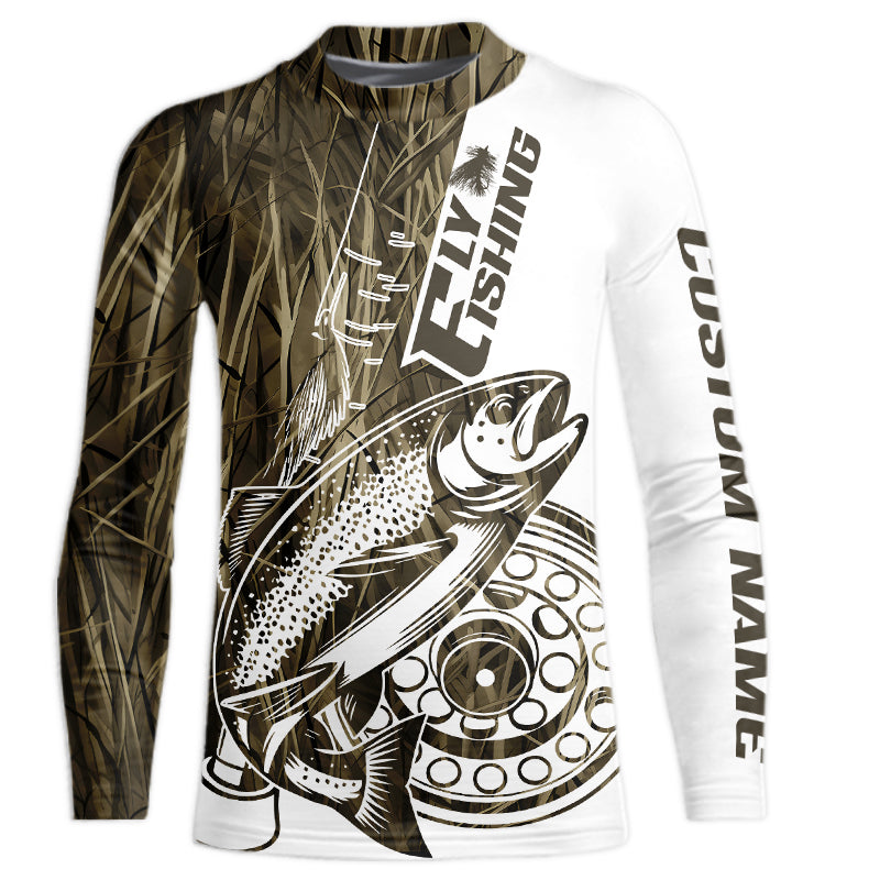 Custom Brown Grass Camo Trout Fly Fishing Kid Long Sleeve Shirts, Fly Reel Fishing Shirt IPHW9118