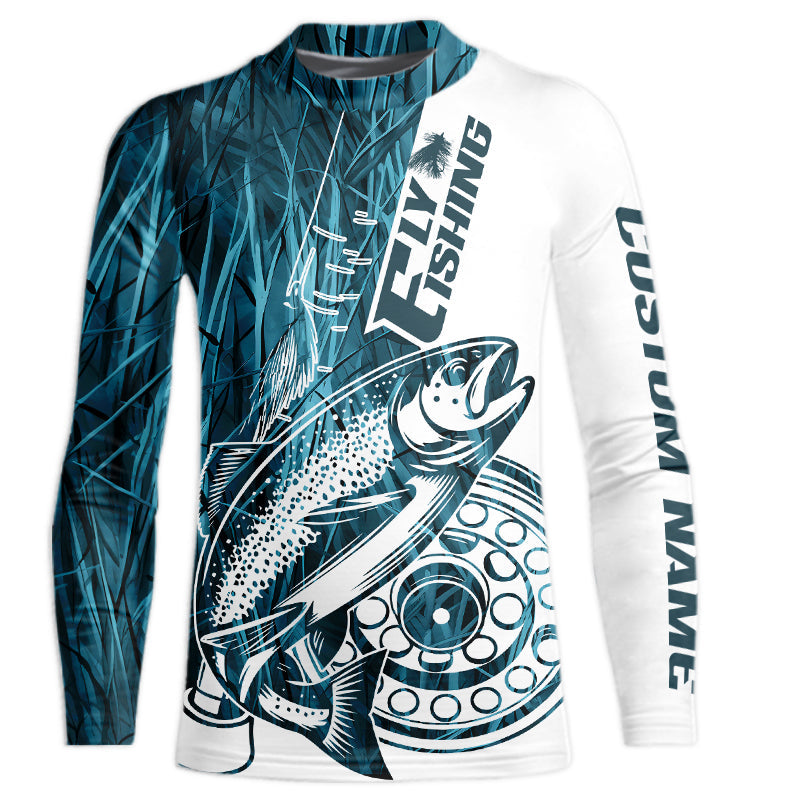Custom Blue Grass Camo Trout Fly Fishing Kid Long Sleeve Shirts, Fly Reel Fishing Shirt IPHW9119