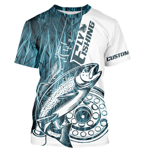Custom Blue Grass Camo Trout Fly Fishing T-Shirts, Fly Reel Fishing T-Shirt IPHW9119