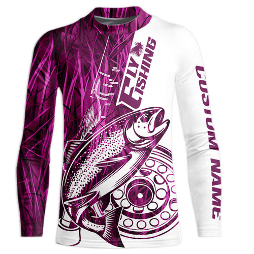 Custom Pink Grass Camo Trout Fly Fishing Kid Long Sleeve Shirts, Fly Reel Fishing Shirt IPHW9120