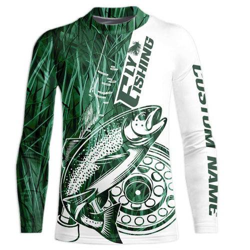 Custom Green Grass Camo Trout Fly Fishing Kid Long Sleeve Shirts, Fly Reel Fishing Shirt IPHW9121