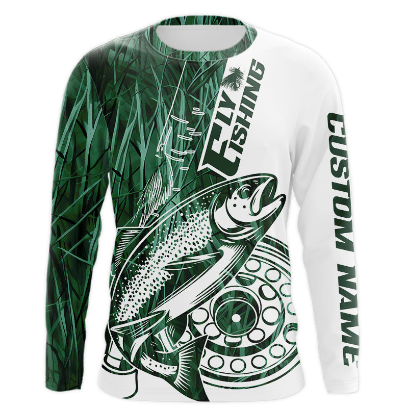 Custom Green Grass Camo Trout Fly Fishing Long Sleeve Shirts, Fly Reel Fishing Shirt IPHW9121