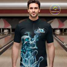 Load image into Gallery viewer, Custom Blue Flame Smoke Skull Bowling Quarter-Zip Shirts For Men, Halloween Bowling Outfit IPHW9494