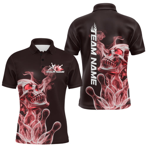 Custom Red Flame Smoke Skull Bowling Polo Shirts For Men, Halloween Bowling Outfit IPHW9495