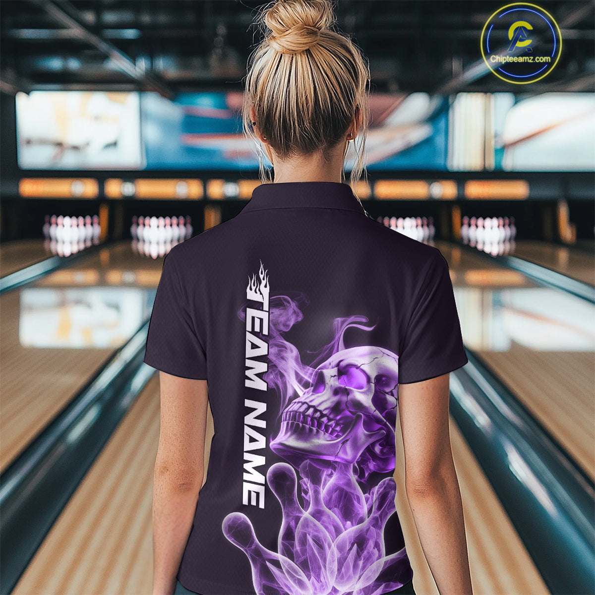 Custom Purple Flame Smoke Skull Bowling Women Quarter-Zip Shirt, Halloween Bowling Outfit IPHW9496