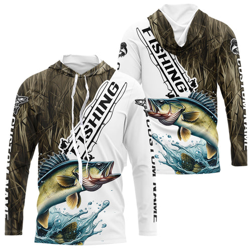 Custom Name Grass Camo Walleye Long Sleeve Hooded Tournament Fishing Shirt IPHW9137