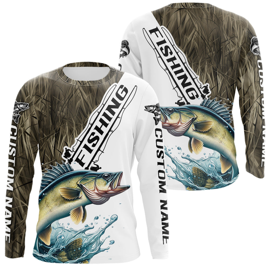 Custom Name Grass Camo Walleye Long Sleeve Tournament Fishing Shirt IPHW9137