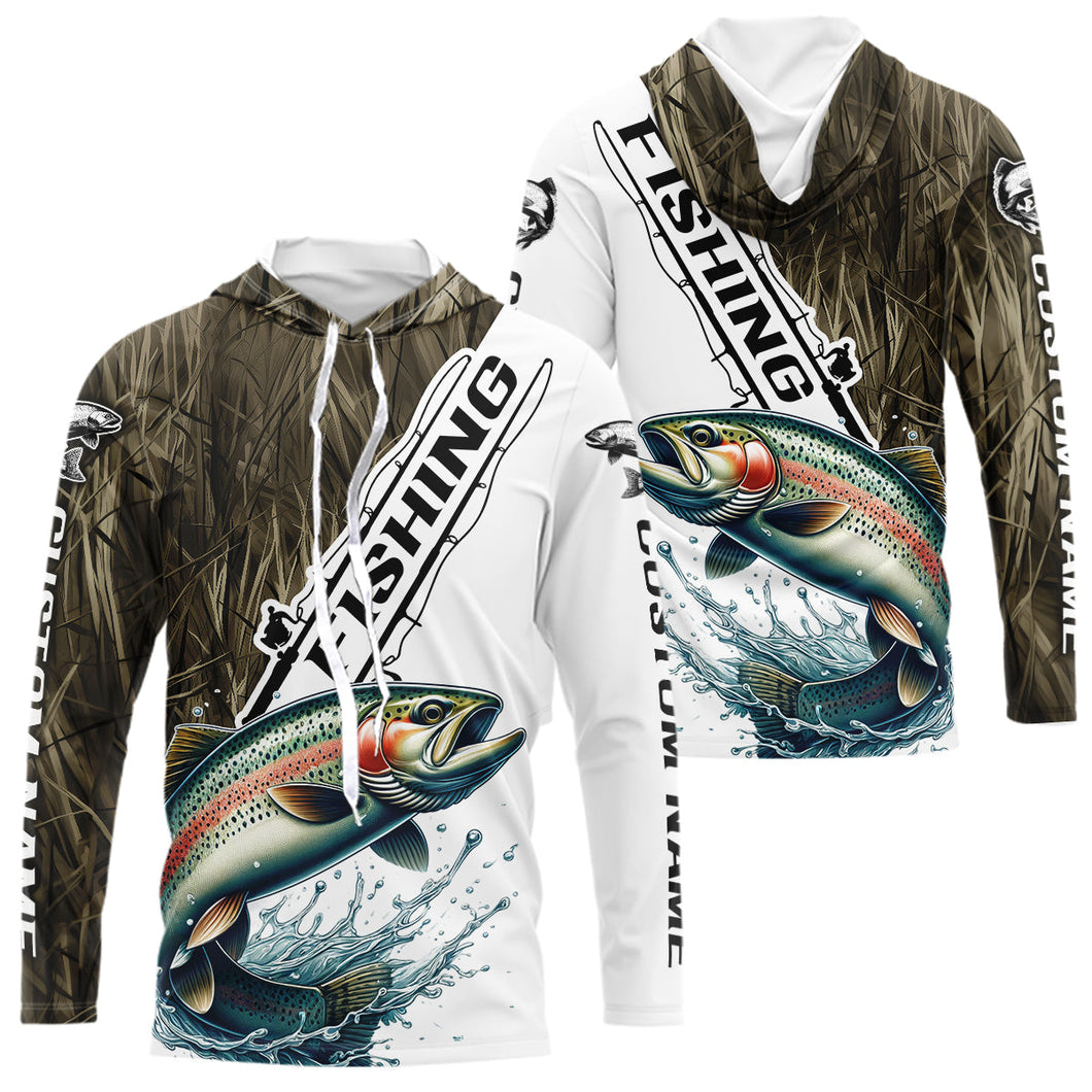 Custom Name Grass Camo Rainbow Trout Long Sleeve Hooded Tournament Fishing Shirt IPHW9138