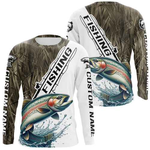 Custom Name Grass Camo Rainbow Trout Long Sleeve Tournament Fishing Shirt IPHW9138
