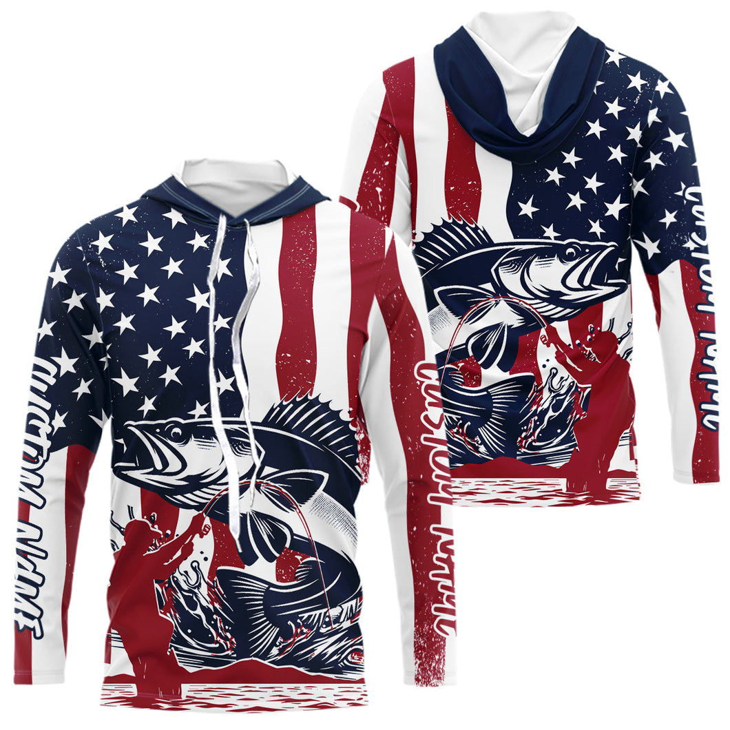 Custom Patriotic Walleye Long Sleeve Hooded Fishing Shirt, American Flag Fishing Jerseys IPHW9153
