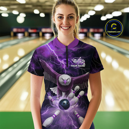 Custom Purple Thunder Lightning Eagle Bowling Women Quarter-Zip Shirts, Bowling Jerseys IPHW9365