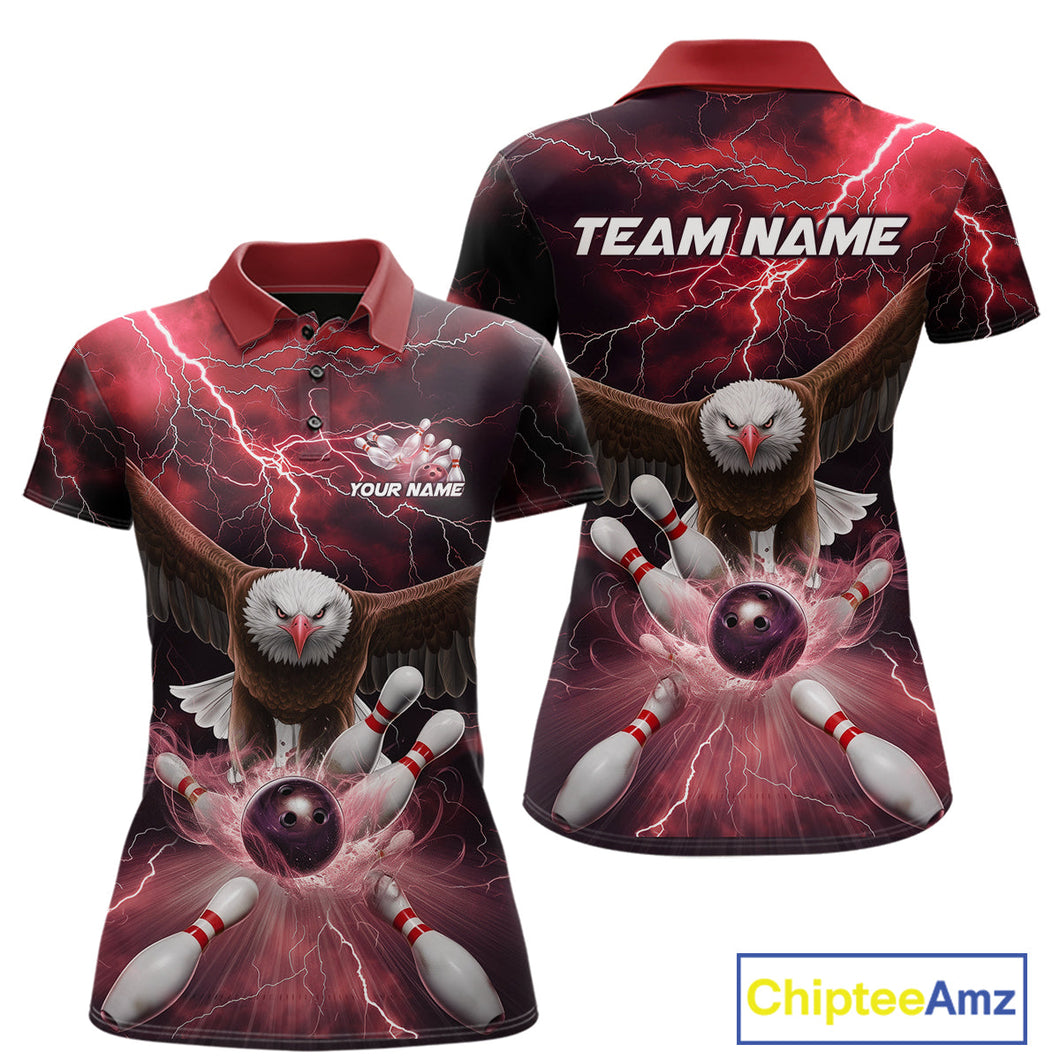 Custom Red Thunder Lightning Eagle Bowling Polo Shirts For Women, Eagle Bowling Jerseys IPHW9366