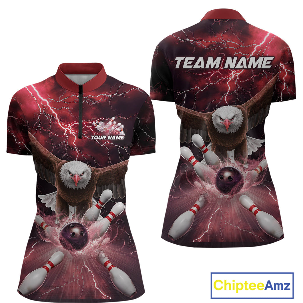 Custom Red Thunder Lightning Eagle Bowling Women Quarter-Zip Shirts, Bowling Jerseys IPHW9366