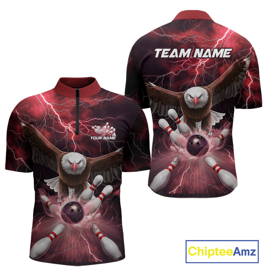 Custom Red Thunder Lightning Eagle Bowling Quarter-Zip Shirts For Men, Eagle Bowling Jerseys IPHW9366