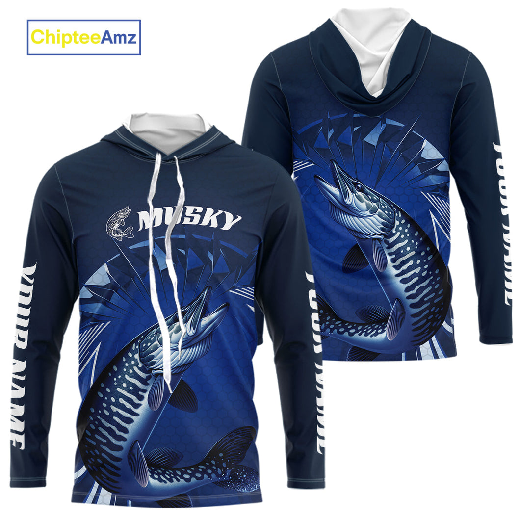 Custom Musky Fishing Blue Long Sleeve Hooded Tournament Fishing Shirts, Muskie Fishing Jerseys IPHW9179