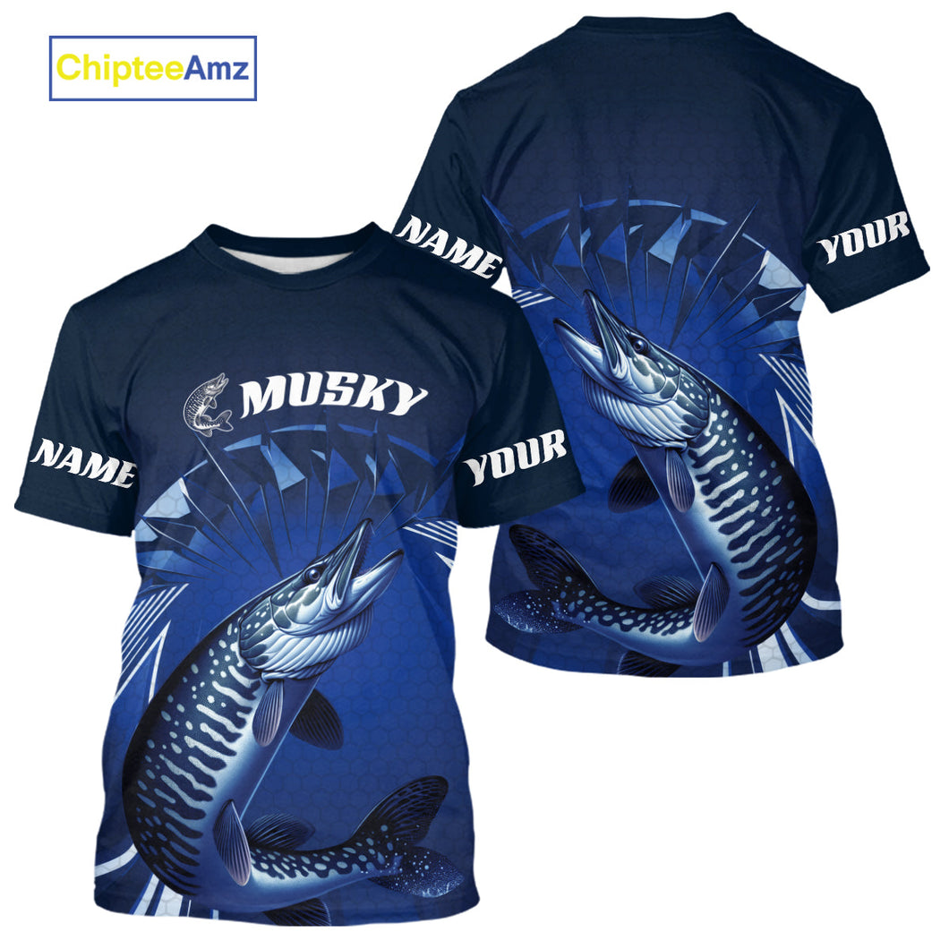 Custom Musky Fishing Blue Tournament Fishing T-Shirts, Muskie Fishing Jerseys IPHW9179