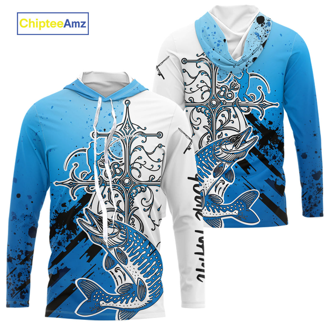 Custom Blue Camo Faith Musky Long Sleeve Hooded Tournament Fishing Shirts, Muskie Shirt IPHW9184