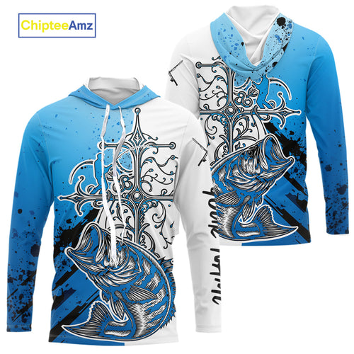 Custom Blue Camo Faith Largemouth Bass Long Sleeve Hooded Tournament Fishing Shirts IPHW9185