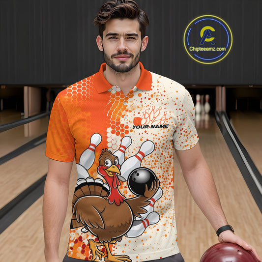 Custom Funny Orange Thanksgiving Turkey Bowling Team Men Polo Shirts, Bowling Jerseys IPHW9767