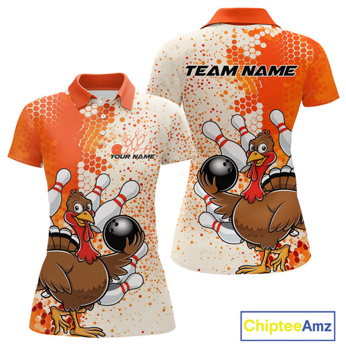 Custom Funny Orange Thanksgiving Turkey Bowling Team Women Polo Shirts, Bowling Jerseys IPHW9767
