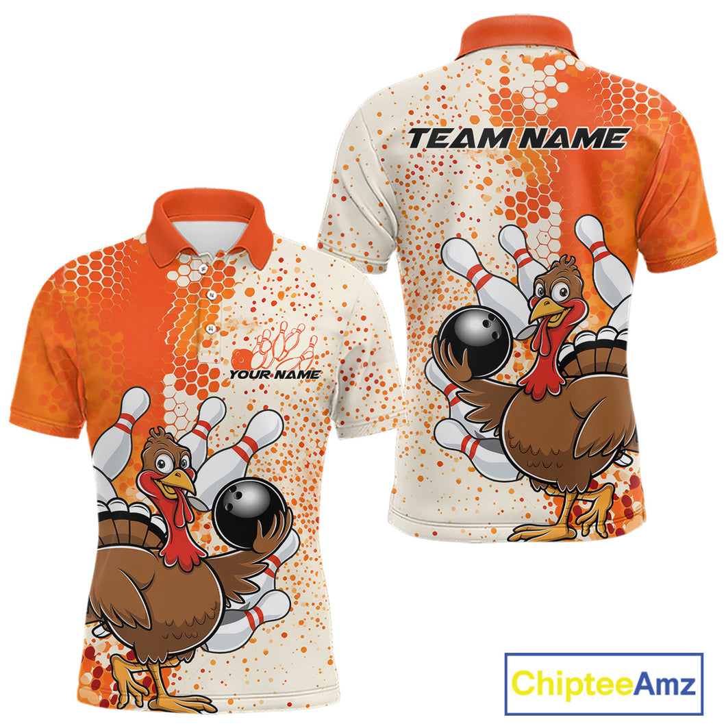Custom Funny Orange Thanksgiving Turkey Bowling Team Men Polo Shirts, Bowling Jerseys IPHW9767
