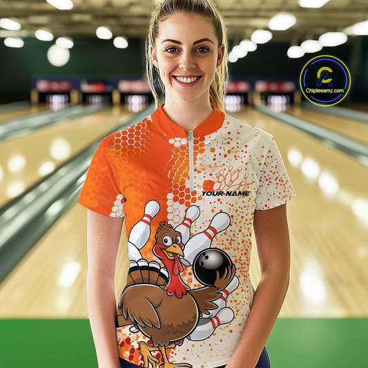 Custom Funny Orange Thanksgiving Turkey Bowling Women Quarter-Zip Shirts, Bowling Jersey IPHW9767